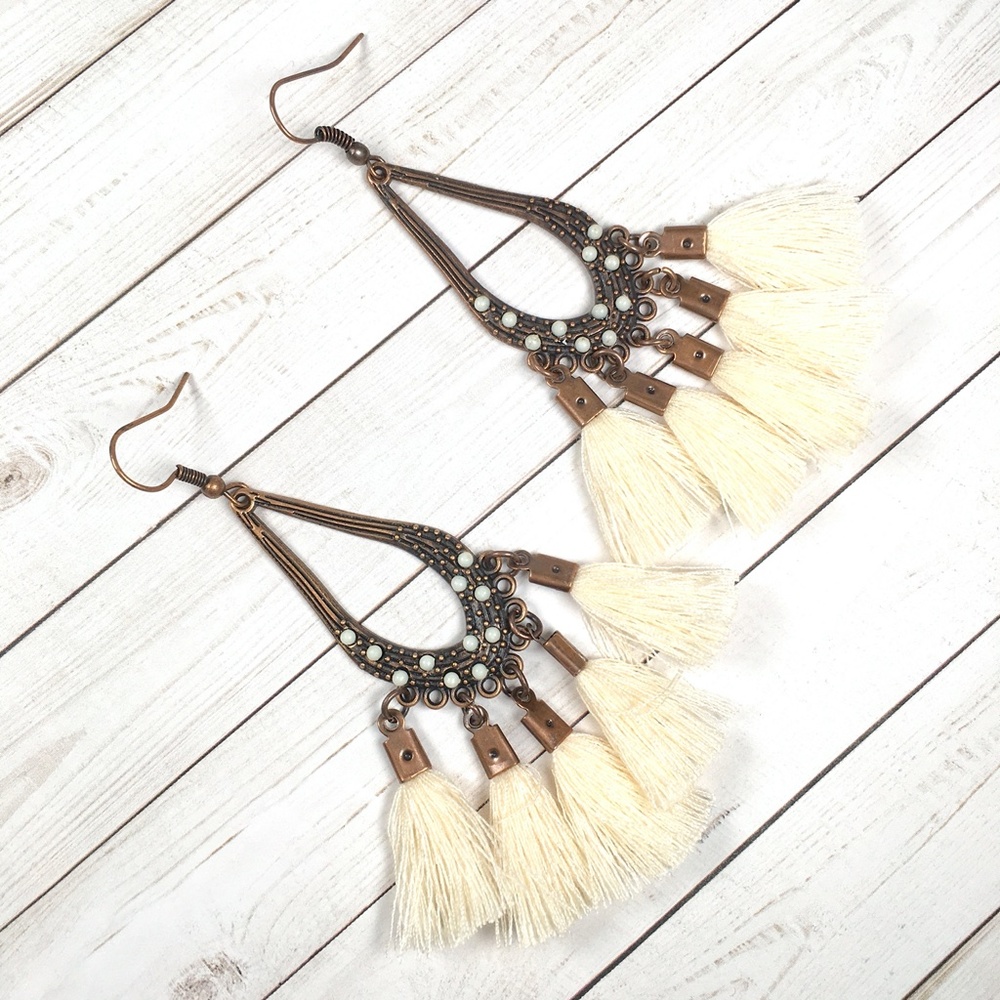 Cream Vintage Boho Tassel Drop Earrings - Picture 5 of 7